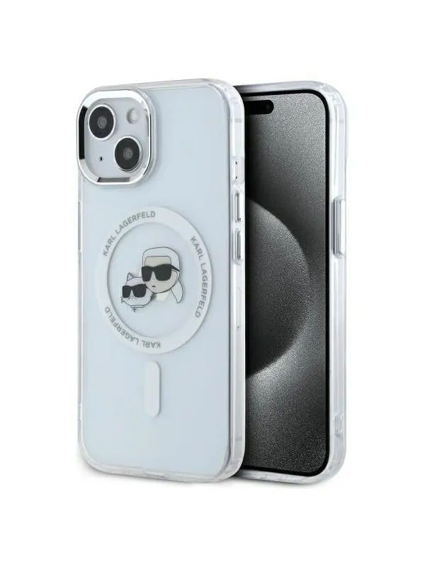 Karl Lagerfeld IML Metal Karl&Choupette Head MagSafe iPhone 15 Case - White