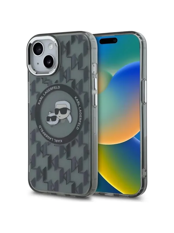 Karl Lagerfeld IML Monogram Karl &amp; Choupette Head MagSafe iPhone 15 Plus Case - Black