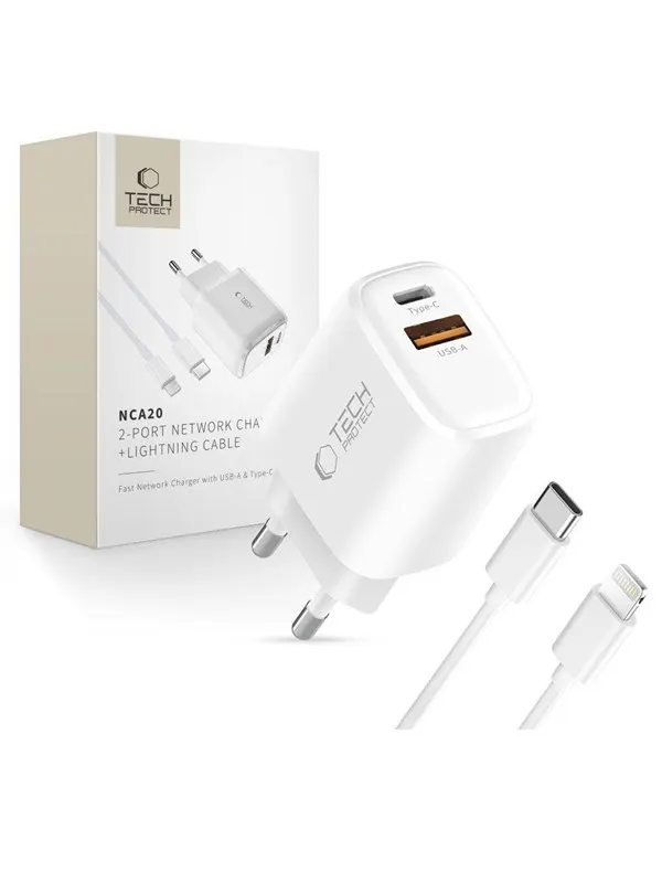 Tech-Protect NCA20 PD 20W QC3.0 USB-A / USB-C + USB-C / Lightning Cable 100cm - White