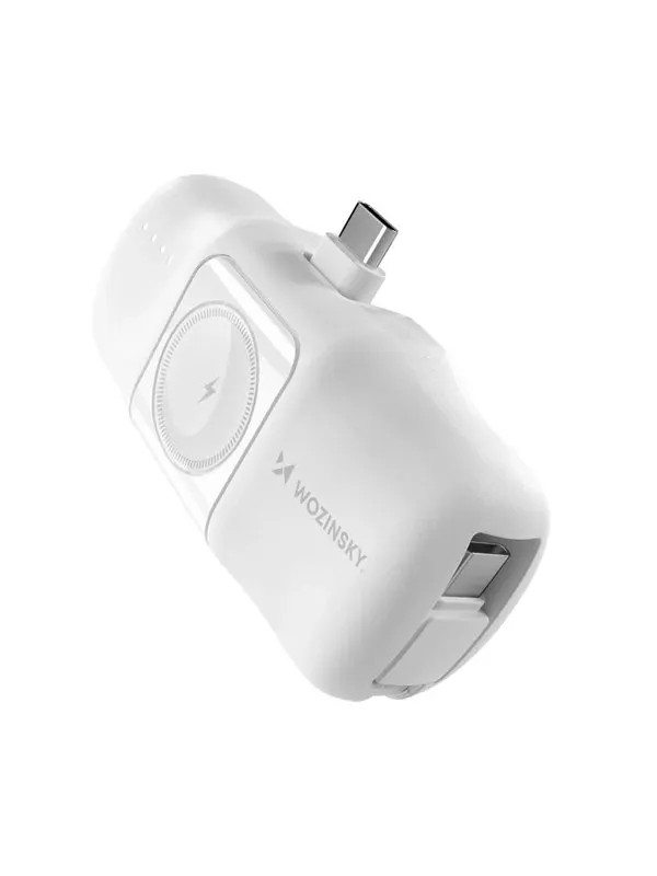 Wozinsky WF16-YCS 5000mAh 15W USB-C Mini Power Bank with Built-in USB-C Cable and Apple Watch Charger - White - 5000 mAh