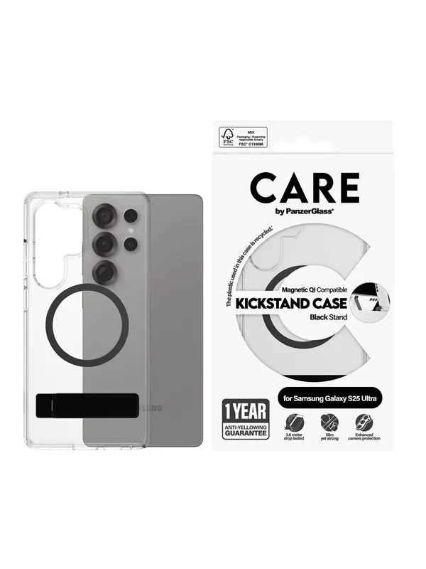 CARE by PanzerGlass Feature Case Transparent w. Black Kickstand &amp; QI Compatible Samsung Galaxy S25 Ultra