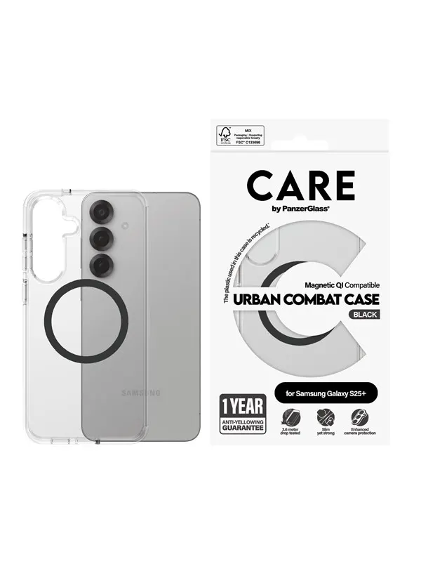 CARE by PanzerGlass Flagship Case Transparent Urban Combat w. Black QI Compatible Samsung Galaxy S25+