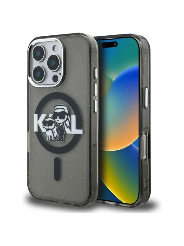 Karl Lagerfeld IML Glitter Karl & Choupette Sketch Logo MagSafe Case for iPhone 16 Pro - Black