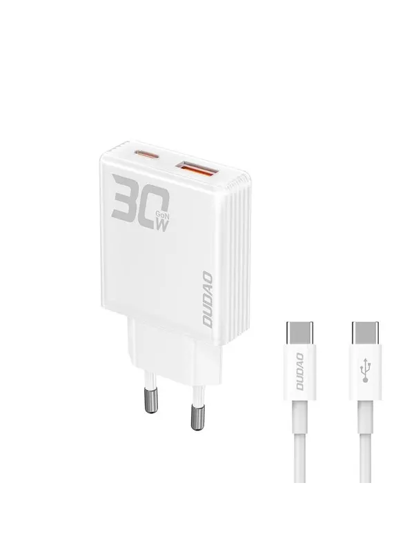 Dudao GaN A30EUT 30W USB-A / USB-C Wall Charger + USB-C - USB-C Cable - White