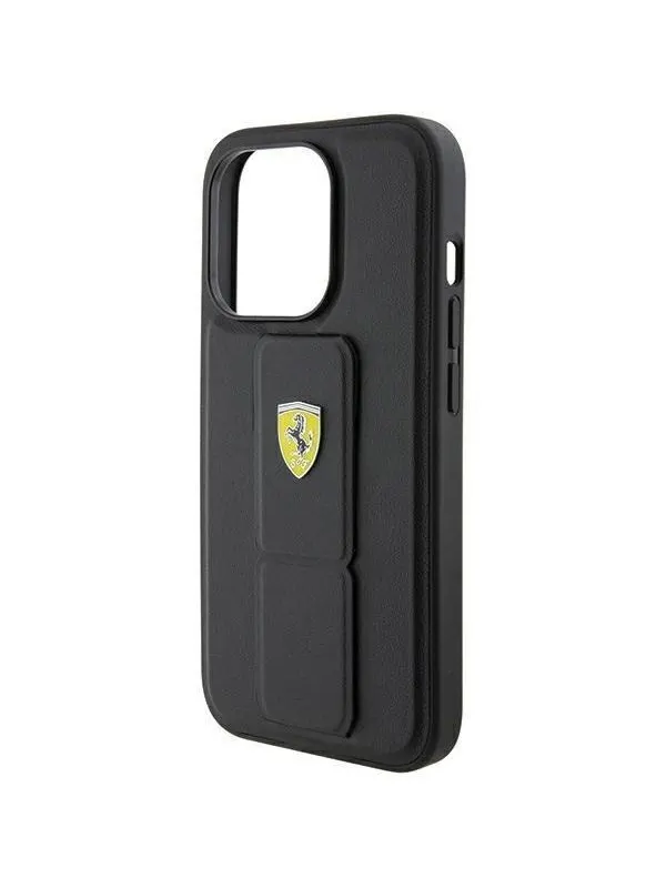 Ferrari Grip Stand Metal Logo Case for iPhone 15 Pro Max - Black