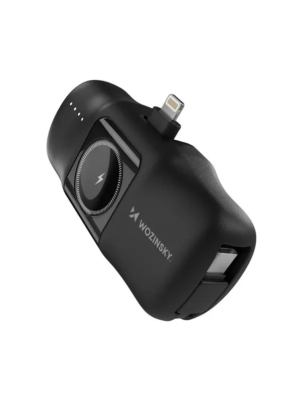 Wozinsky WF16-YLS 5000mAh 15W Lightning Mini Power Bank with Built-in USB-C Cable and Apple Watch Charger - Black - 5000 mAh
