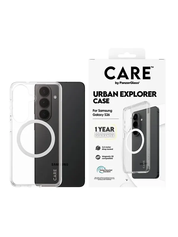 CARE by PanzerGlass Urban Explorer Case Transparent w. White Qi Samsung Galaxy S26