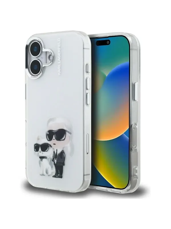 Karl Lagerfeld IML Aquarelle Karl & Choupette & Logo iPhone 16 Case - White