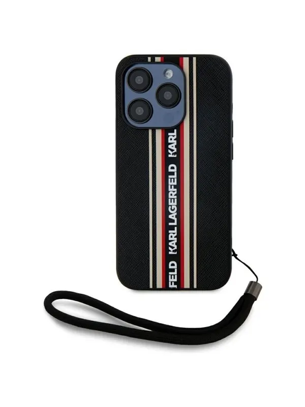 Karl Lagerfeld Saffiano Athleisure Stripes Cord iPhone 15 Pro Case - Red