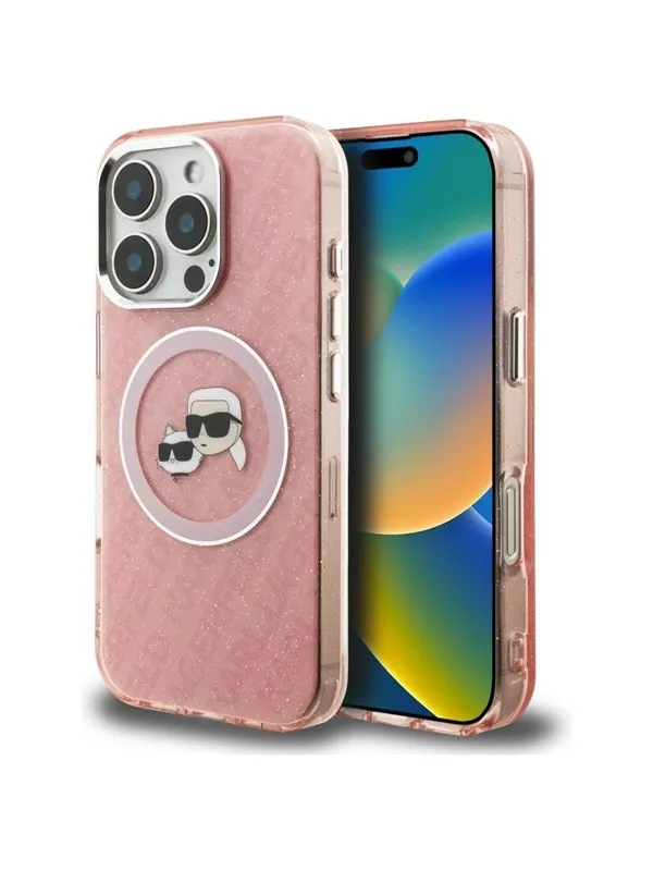 Karl Lagerfeld IML Glitter Karl &amp; Choupette Heads Logo MagSafe Case for iPhone 16 Pro - Pink