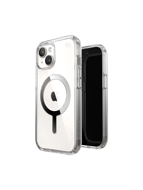 Speck Presidio Perfect-Clear MagSafe - iPhone 17e / 16e / 15 / 14 / 13 Case - Clear / Chrome Finish / Serene Silver