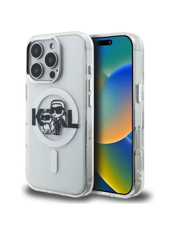 Karl Lagerfeld IML Glitter Karl & Choupette Sketch Logo MagSafe Case for iPhone 16 Pro - Clear