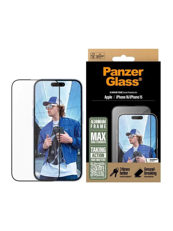 PanzerGlass Screen Protector Aluminum Frame iPhone 16 | Ultra-Wide Fit