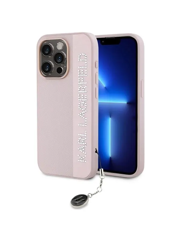 Karl Lagerfeld Saffiano Rhinestones &amp; Charm case for iPhone 15 Pro - pink