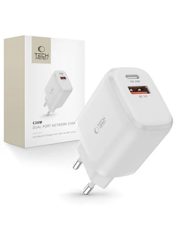 Tech-Protect C20W USB-C PD 20W / USB-A QC 3.0 Network Charger - White