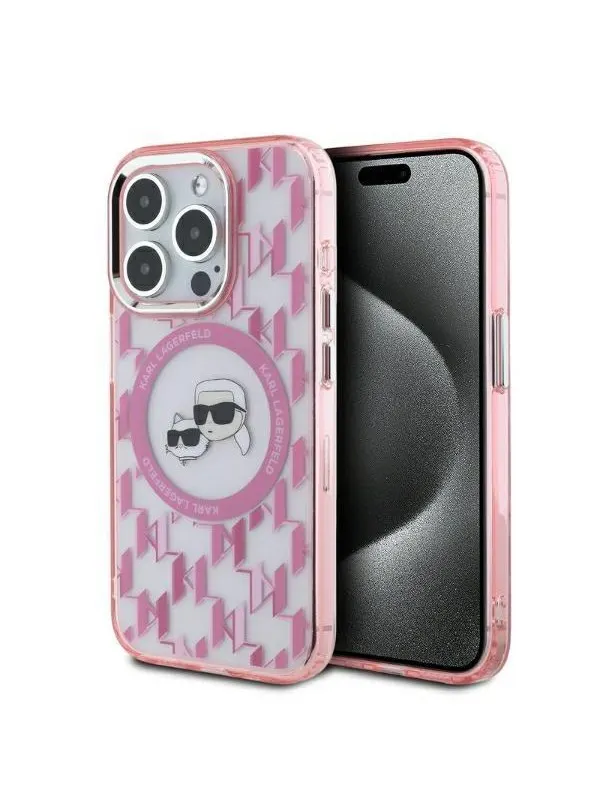 Karl Lagerfeld IML Monogram Karl & Choupette Head MagSafe Case for iPhone 15 Pro Max - Pink