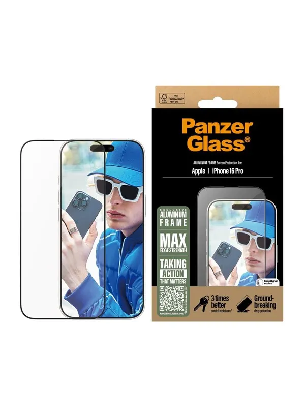 PanzerGlass Screen Protector Aluminum Frame iPhone 16 Pro | Ultra-Wide Fit