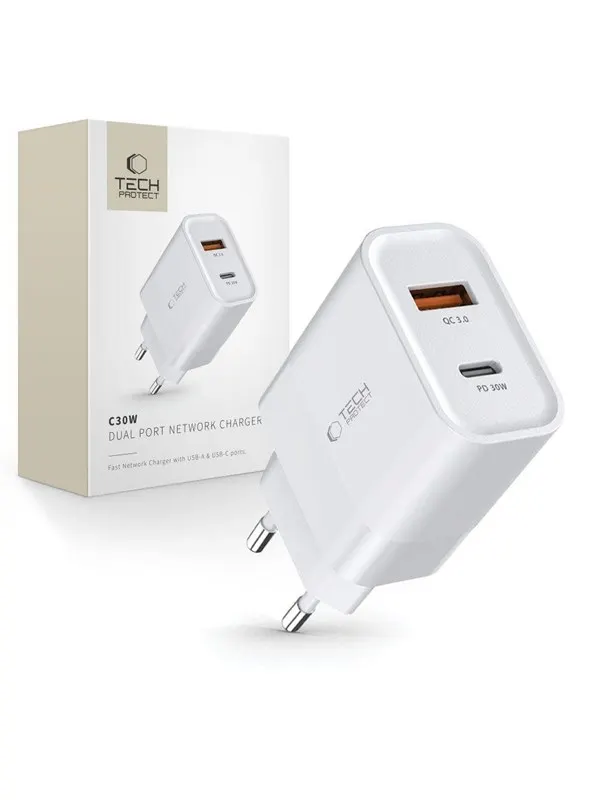 Tech-Protect C30W USB-C PD 30W / USB-A QC 3.0 Mains Charger - White