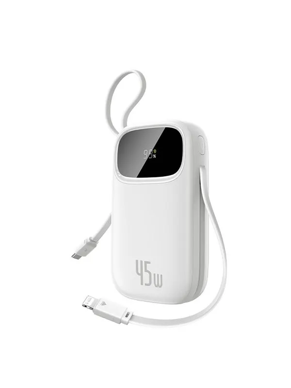 Baseus EnerFill FC31 20000mAh 45W Powerbank with Digital Display and 2 Built-in Cables (USB-C + Lightning) - White - 20000 mAh