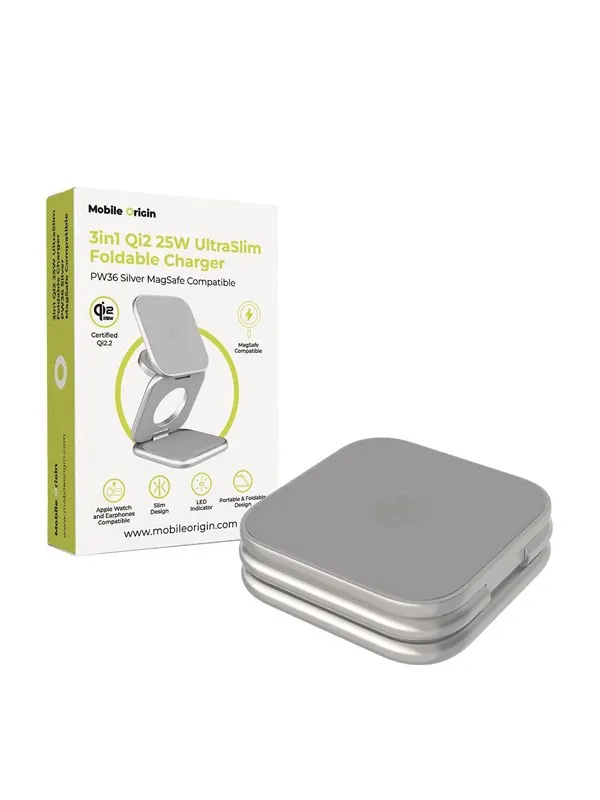 Mobile Origin 3in1 Qi2 25W UltraSlim Foldable Charger PW36 MagSafe Compatible Silver