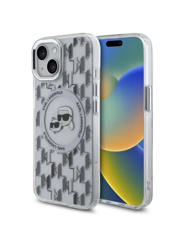 Karl Lagerfeld IML Monogram Karl & Choupette Head MagSafe iPhone 15 Case - Clear