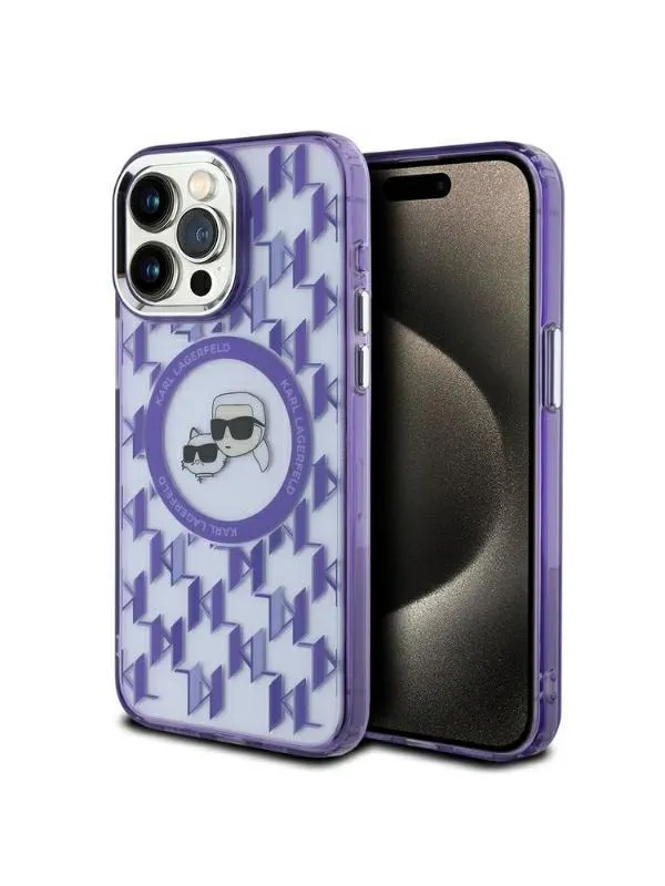 Karl Lagerfeld IML Monogram Karl & Choupette Head MagSafe Case for iPhone 15 Pro Max - Purple