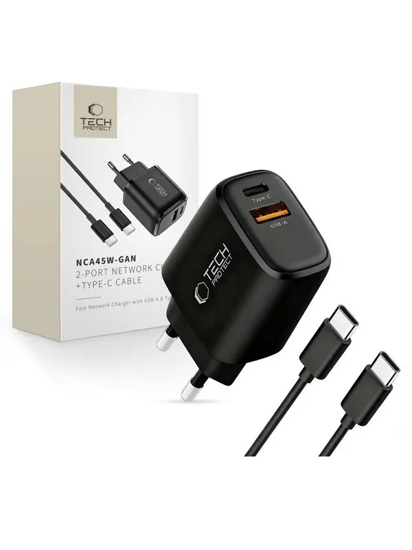 Tech-Protect NCA45W-GAN 2-Ports 45W AC Charger with USB-C Cable - Black