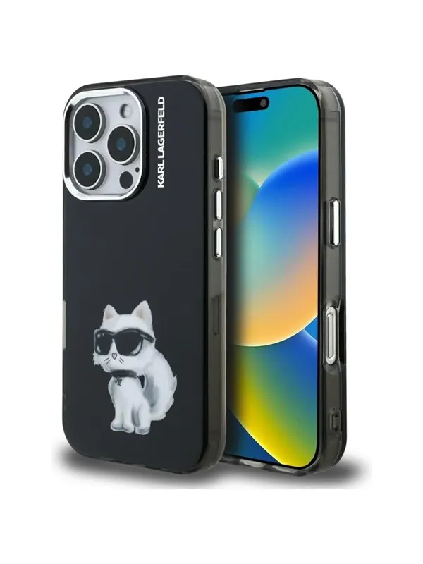 Karl Lagerfeld IML Aquarelle Choupette & Logo Case for iPhone 16 Pro Max - Black