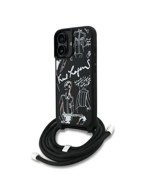 Karl Lagerfeld Crossbody Grained Pattern &amp; Logo Case for iPhone 16 - Black