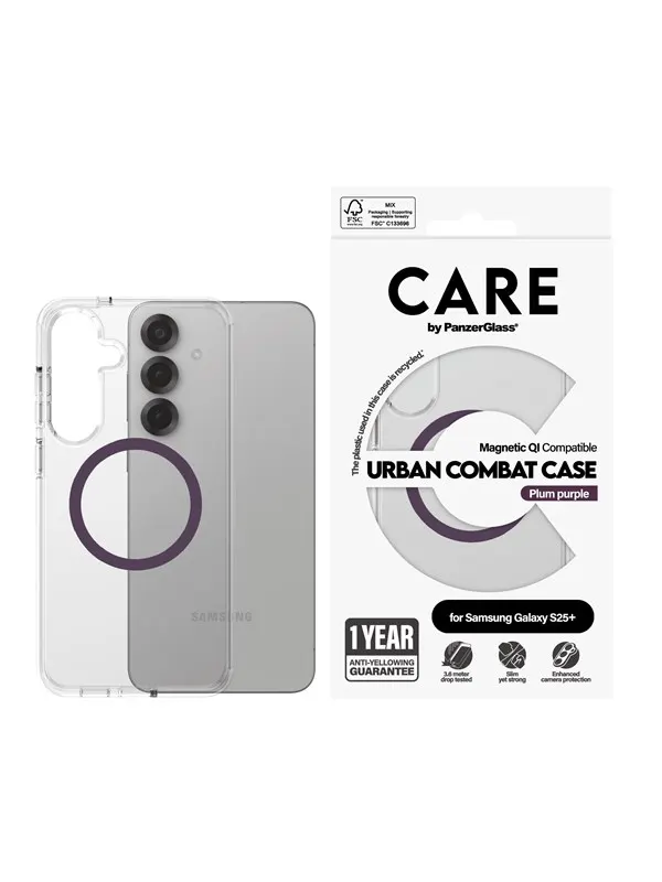 CARE by PanzerGlass Flagship Case Transparent Urban Combat w. Plum Purple QI Compatible Samsung Galaxy S25+