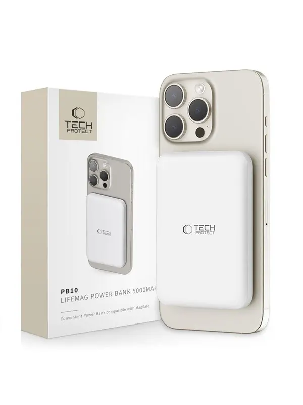 Tech-Protect LifeMag PB10 Power Bank with MagSafe 5000mAh 15W USB-C Port - White + USB-C Cable - 5000 mAh