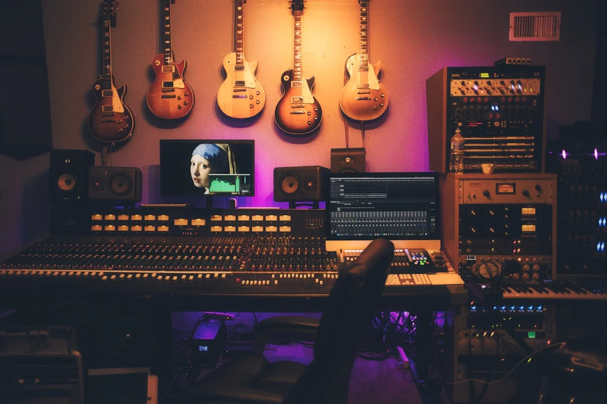 Podcast-studio med mikrofon, hörlurar och ljudmixer