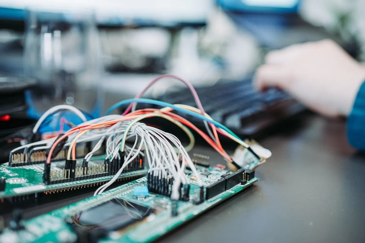 Enkortsdator med synliga GPIO-stift och anslutna elektronikkomponenter.